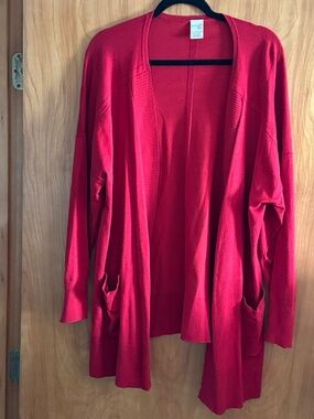 Terra & Sky Open-Front Red Cardigan with Pockets